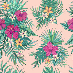 Tropic seamless pattern with hibiscus, plumeria, orchid and tropical leaves. Summer decoration print for wrapping, wallpaper, fabric. Seamless vector texture. Tropical bouquet flowers.