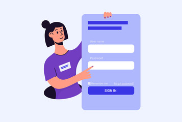 Log in or sign in UI web concept – vector illustration in flat style. Woman holding online form with user name and password to login into account or profile on online platform.