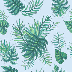 Tropic painting seamless pattern with tropical leaves. Tropical botanical Motives. Vector illustration. Summer decoration print for wrapping, wallpaper, fabric. 