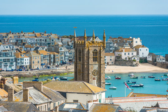 Elevated views of the popular seaside resort of St. Ives
