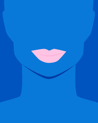 Woman with pink lips smiles on a blue background. Flat design. Vector illustration