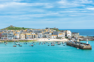 Elevated views of the popular seaside resort of St. Ives, Cornwall, England, United Kingdom, Europe