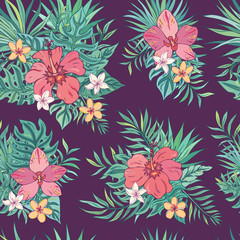 Tropic seamless pattern with hibiscus, plumeria, orchid and tropical leaves. Summer decoration print for wrapping, wallpaper, fabric. Seamless vector texture. Tropical bouquet flowers.