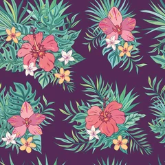 Fototapeten Tropic seamless pattern with hibiscus, plumeria, orchid and tropical leaves. Summer decoration print for wrapping, wallpaper, fabric. Seamless vector texture. Tropical bouquet flowers. © Anna Sobol