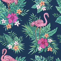 Fototapeta premium Vector trendy seamless pattern with flamingo, palm leaves, hibiscus and plumeria. Summer decoration print for wrapping, wallpaper, fabric. Seamless vector texture. Tropical bouquet flowers.