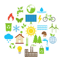 Ecology set of eco technology, renewable energy, environmental protection, sustainable development, nature conservation, climate change and global warming symbols on a white background