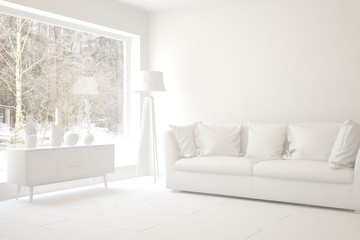 Mock up of stylish room in white color with sofa and winter landscape in window. Scandinavian interior design. 3D illustration