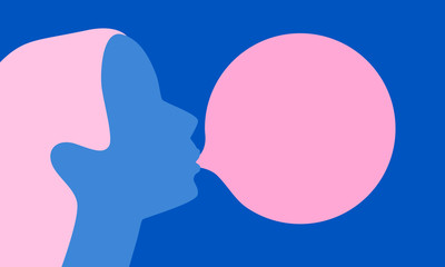 Woman blowing pink bubble gum on a blue background. Flat design. Vector illustration