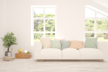 Stylish room in white color with sofa and summer landscape in window. Scandinavian interior design. 3D illustration