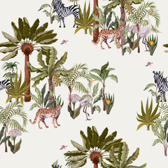 Seamless pattern with tropical trees and animals. Vector.