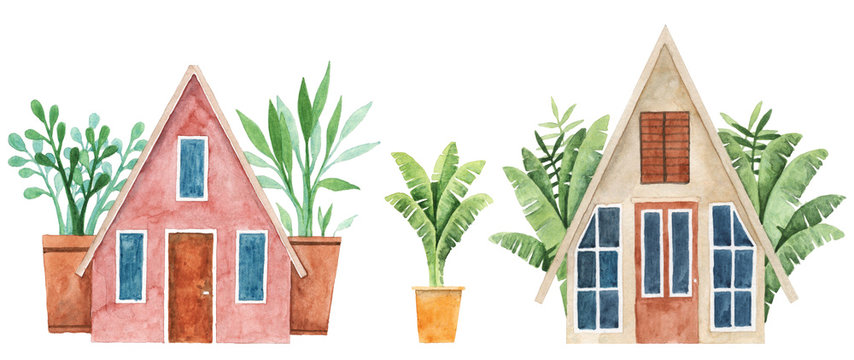 Watercolor illustration of cottage houses with palm trees 