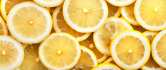 Sliced lemons. Background and texture. Panorama.
