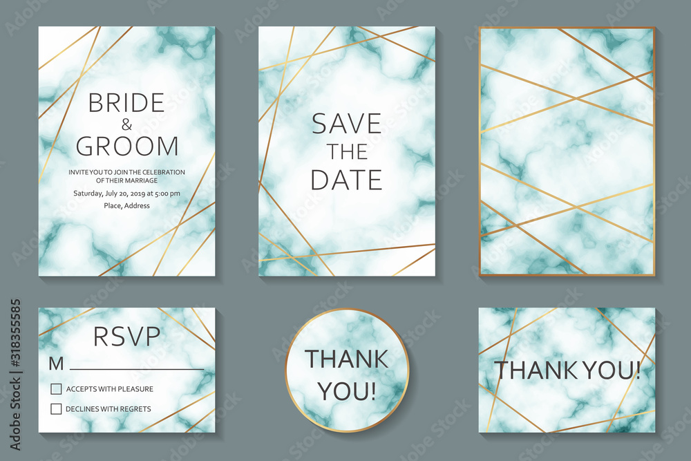 Wall mural Set of luxury wedding invitation design, rsvp, thank you or greeting card templates with golden lines on a white and turquoise marble textured background or clouds.