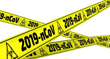 Novel coronavirus 2019-nCoV. Yellow warning tapes with black text 2019-nCoV (The 2019 novel coronavirus, also known as 2019-nCoV). Isolated. 3D Illustration