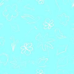 Fototapeta na wymiar Fresh spring endless pattern hand drawn sketch flowers birds plants on blue background. Easter seamless pattern with white flowers isolated on blue. Vector illustration.