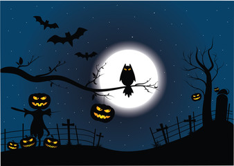 Halloween noc, pełnia księżyca, ilustracja wektor. 