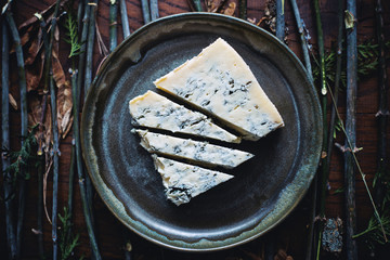 A piece of Italian gorgonzola cheese in a plate  - obrazy, fototapety, plakaty