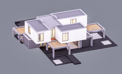 3d rendering of modern cozy house in the garden with garage and pool for sale or rent in evening with cozy light from window. Isolated on gray