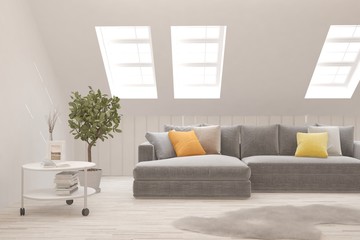 Stylish room in white color with sofa. Scandinavian interior design. 3D illustration