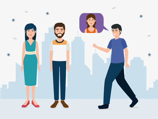 group of young people with speech bubble vector illustration design