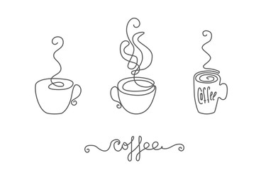 Continuous Thin Line Coffee Cup with Smoke Vector Illustration