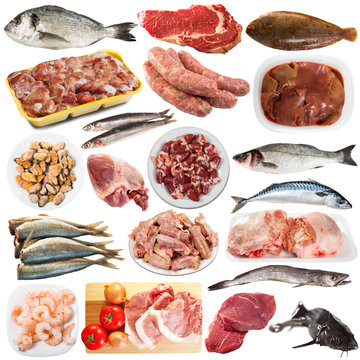 Raw meat, fish and poultry isolated on white background