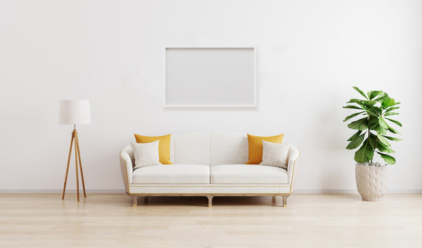 Horizontal picture frame in bright modern living room with white sofa, floor lamp and green plant on wooden laminate. Scandinavian style, cozy interior background. Bright living room mockup.3d render