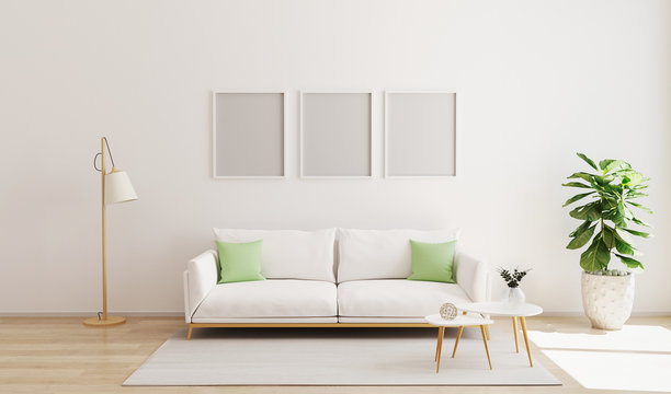 mock up three poster frame in modern interior background. Scandinavian style. Bright  and cozy living room interior background. Living room with white wall and sofa with contrast pillows. 3d render