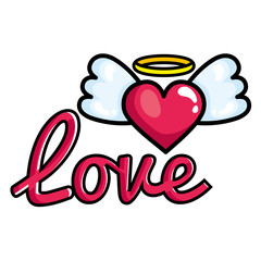 love sign and heart with wings pop art style icon vector illustration design