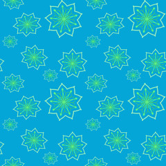 Seamless repeat pattern with green and light green flowers in   on turquoise background. drawn fabric, gift wrap, wall art design, wrapping paper, background, fabric print, web page backdrop.