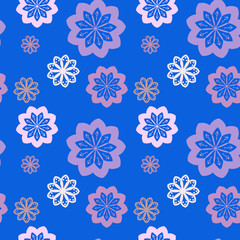 Seamless repeat pattern with white, lilac and pink flowers in   on blue background. drawn fabric, gift wrap, wall art design, wrapping paper, background, fabric print, web page backdrop.
