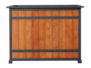 Wooden jardiniere stand for plants with metal steel frame isolated on white background