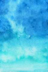 Sky blue watercolor abstract background. Gradient fill. Hand drawn texture. Piece of heaven.