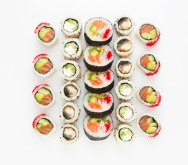 Japanese food sushi roll set isolated on white background. Top view, flat lay