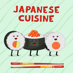 Cute illustration of Asian cuisine. Traditional Japanese kawaii rolls, sushi and sashimi. Cartoon emoji, manga style, concept for children sushi menu or sushi restaurant advertisement