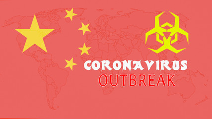 Wuhan Coronavirus COVID-19 2019-nCoV world outbreak concept  with relevant title. World map background with Chinese flag and biohazard sign above.