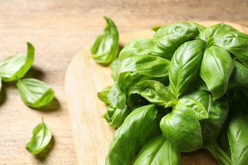 Fresh basil leaves on wooden board, closeup