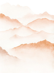 Hand drawn watercolor painting of blue foggy mountains - 318362937