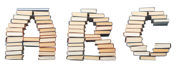 A B C letter from books. Alphabet isolated on white background. Font composed of spines of books