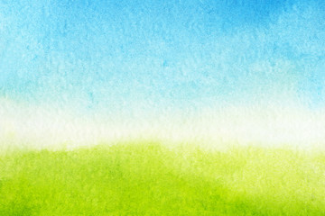 watercolor background is green and blue gradient. Sky with clouds and Green meadow with grass