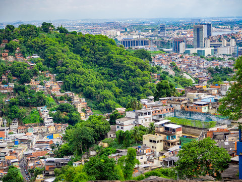 Aerial view of favela in Rio de Janeiro, Brazil. Dangerous areas of Rio de Janeiro. Skyline of Rio de Janeiro.