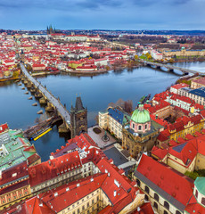 Prague, Czech Republic - Aerial panoramic drone view of the world famous Charles Bridge (Karluv...