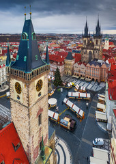 Prague, Czech Republic - Aerial view of the Old Town Square at Christmas time with Old Town Hall...