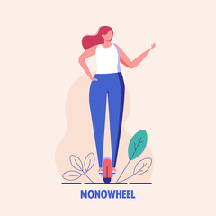 Woman riding monowheel listening music in headphones. Concept of eco or environment frendly transport, active and urban lifestyle, alternative transportation. Vector illustration in flat design