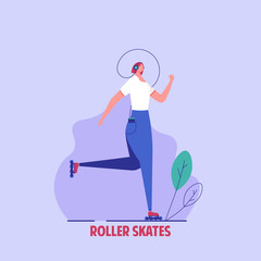 Woman riding roller skates listening music in headphones. Concept of eco or environment frendliy transport, active and urban lifestyle, alternative transportation. Vector illistration in flat design