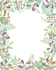 Delicate floral frame with watercolor berries, leaves, twigs for decoration of cards, printing, linen, fabrics, souvenirs and any design