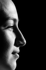 Black and white portrait of beautiful brunette woman with bob hairstyle