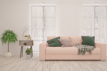 Stylish room in white color with sofa. Scandinavian interior design. 3D illustration