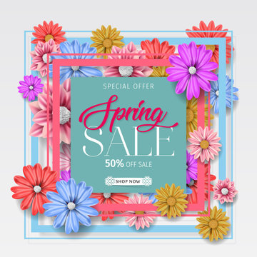 Spring sale background with beautiful colorful flower. Vector illustration. Wallpaper. flyers, posters, brochure, voucher discount. Spring sale banner with paper flowers for online shopping.