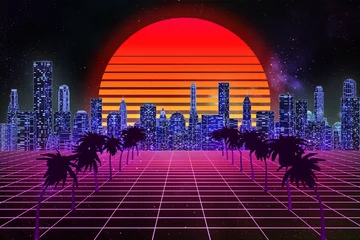 Retro Wave, Synthwave oder Vaporwave Skyline Landschaft oder Landschaft bei Nacht mit Sternenhimmel und Sonne. 3D-Rendering abstrakte Darstellung. Arcade-Gaming im Stil der 80er mit lila Gittergelände. © Matthieu